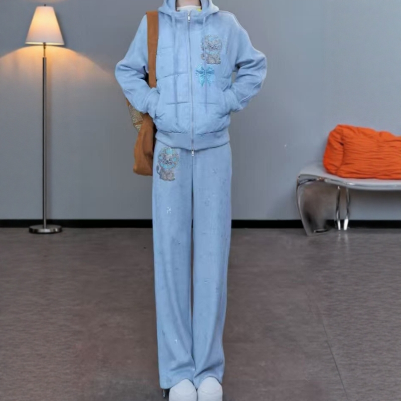 TCH私服烫钻时尚加厚连帽外套休闲裤套装女2025冬新款T75D07E1049