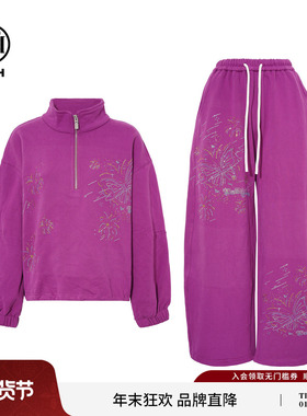TCH2025秋冬新款百搭时尚烫钻紫色卫衣休闲裤套装女T75D07E1082