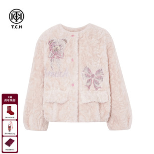 保暖粉色毛毛皮草外套女T75D05E1005 慵懒烫钻时尚 TCH2025冬季 新款