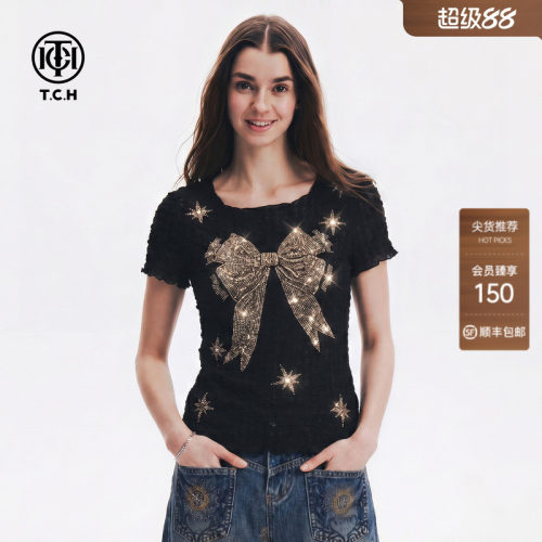 TCH烫钻蝴蝶结方领短袖T恤女