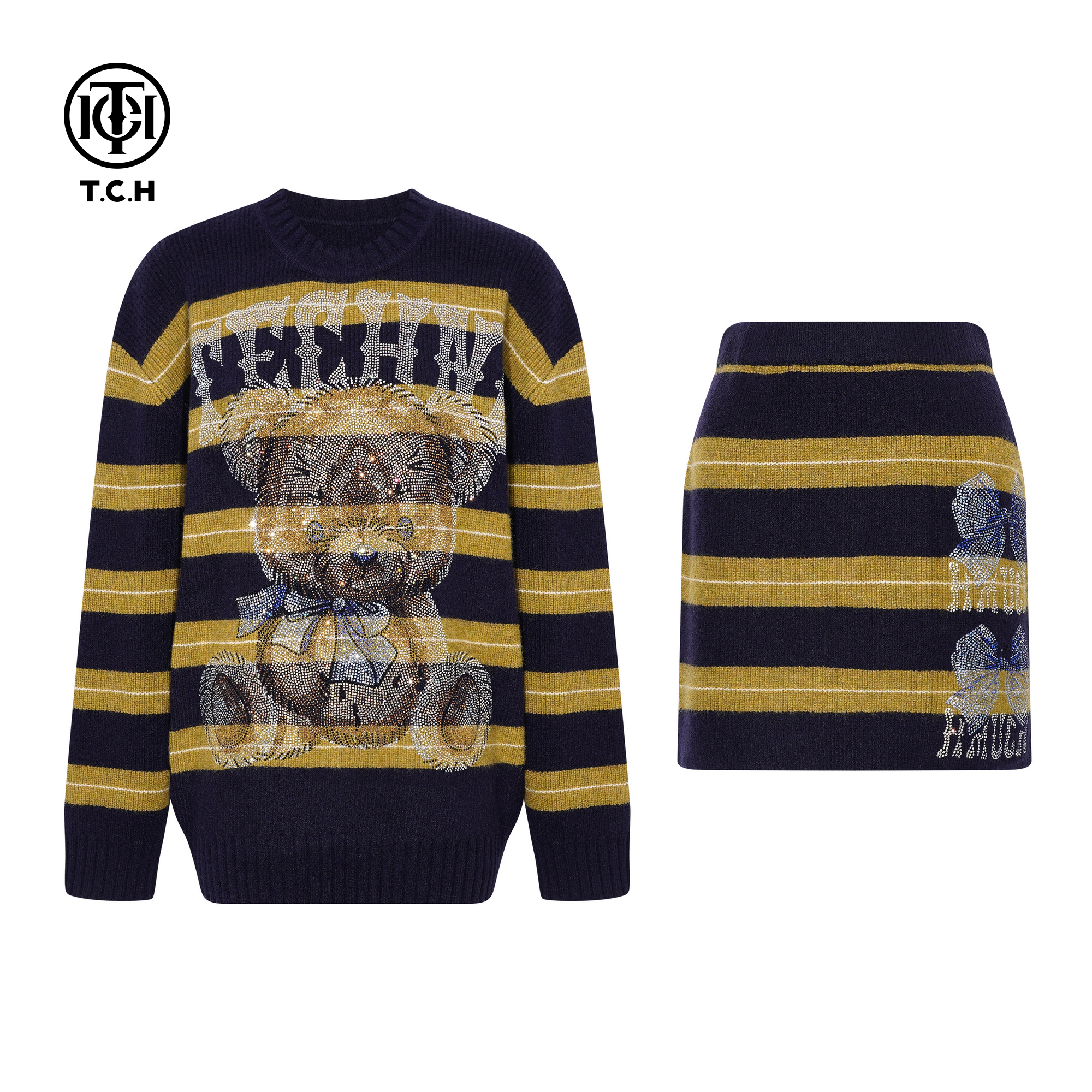 TCH25秋冬时尚烫钻撞色慵懒风条纹毛衣短裙针织套装女T75D07E1062