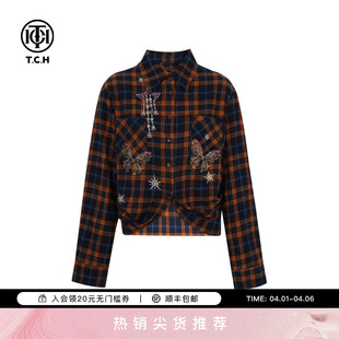 TCH轻奢烫钻早秋时尚 长袖 蓝格衬衫 上衣外套女T75C13E1038 复古短款