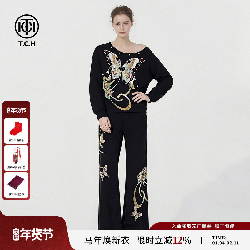 TCH慵懒风烫钻蝶花斜肩卫衣女松紧腰微喇阔腿裤套装T78A07E1055,女装/女士精品,时尚套装,淘宝优惠券,粉丝福利购,淘宝优惠卷