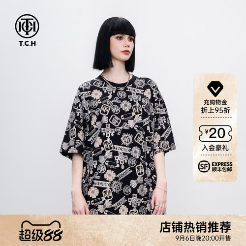 TCH个性老花烫钻设计感T恤裙街头潮流圆领连衣裙女2026夏季新款