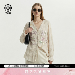 TCH甜美温柔风烫钻花朵宽松V领衬衫 T78A13E1043 上衣女2026春新款