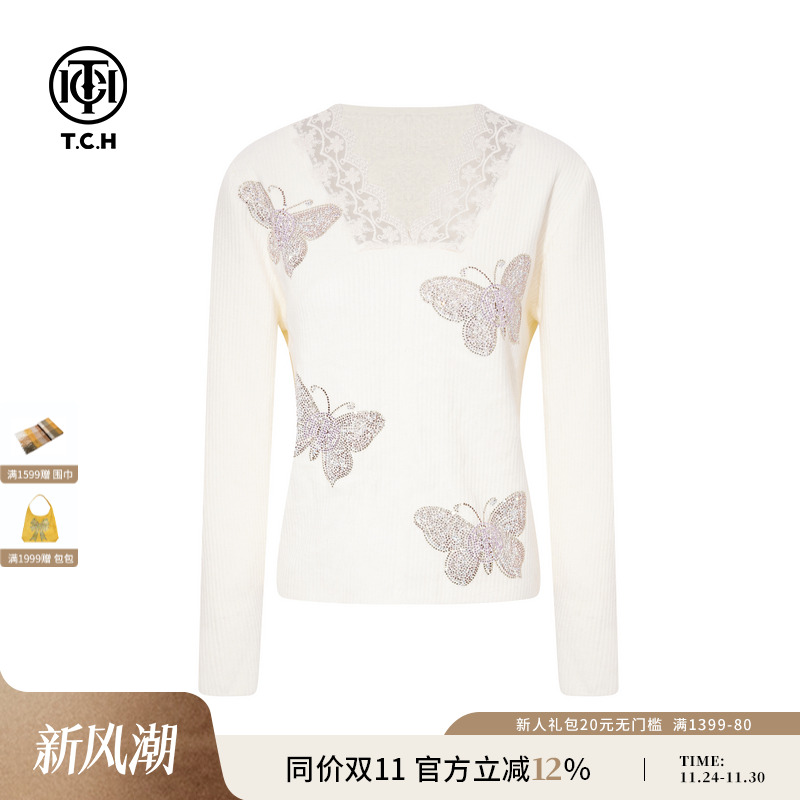 TCH时尚烫钻米色修身显瘦针织衫女25秋冬气质内搭上衣T75D09E1139