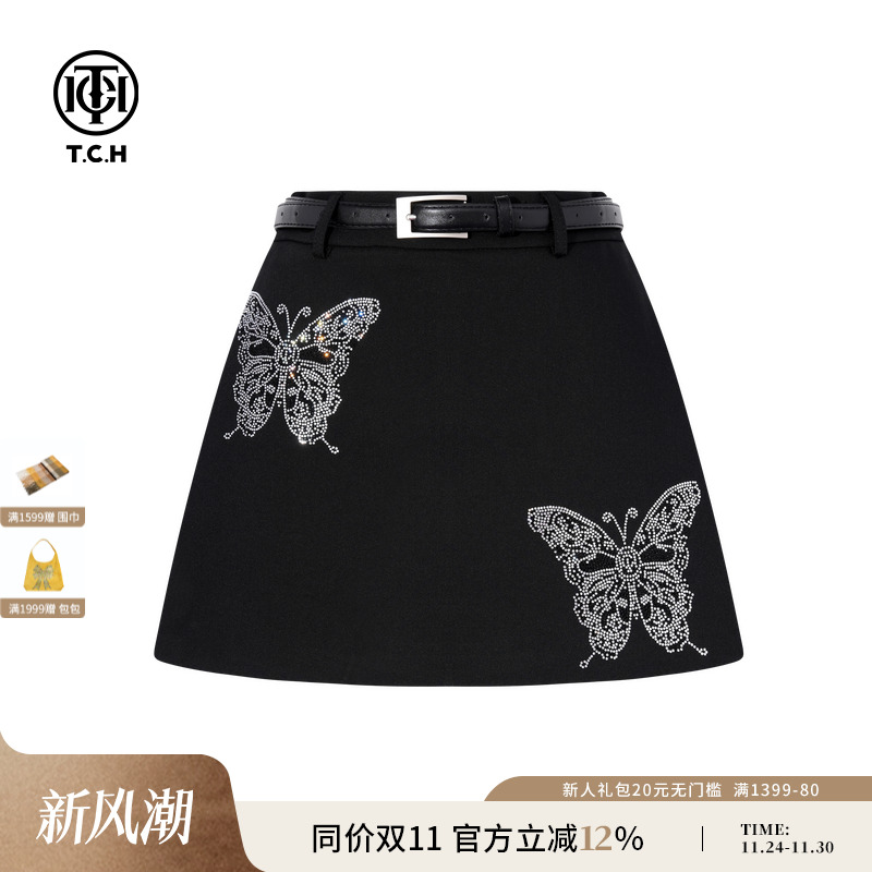 TCH私服烫钻黑色裙裤女2025秋季新款遮肉显瘦A字短裤T75C21E1012