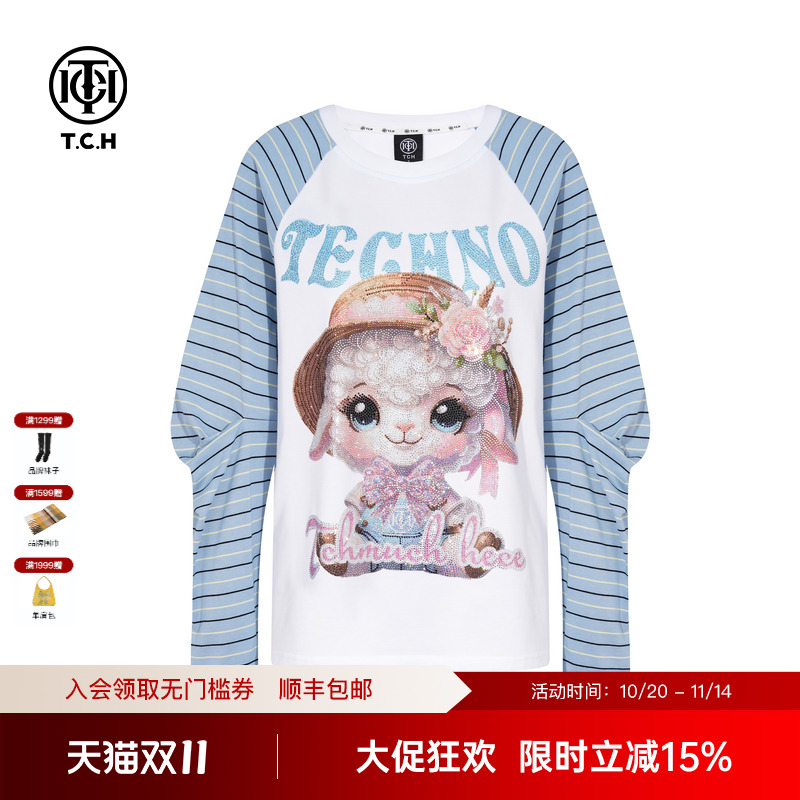 TCH轻奢烫钻时尚百搭小羊拼接长袖T恤男女同款25秋冬T75C08E9015