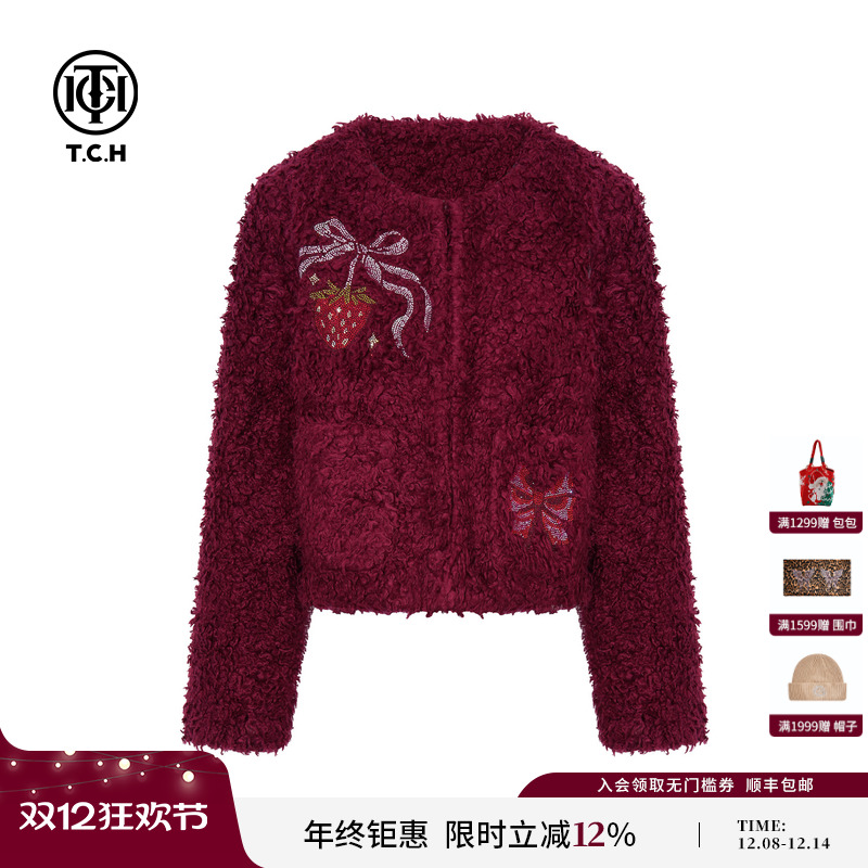 TCH百搭时尚烫钻红色圆领短毛毛外套女潮2025冬季新款T75D27E1017