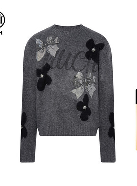 TCH绵羊毛慵懒风烫钻灰色圆领灰色针织衫女2025冬新款T75D09E1122