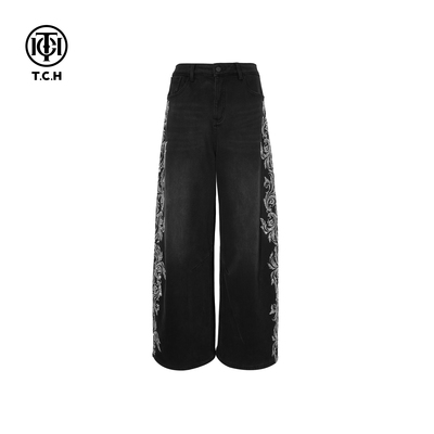 TCH百搭时尚烫钻2025冬新款高腰显瘦阔腿黑色牛仔裤女T75D20E1162
