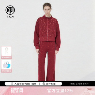 烫钻立领外套休闲长裤 红色新年套装 女T78A07E1006 新款 TCH2026春季