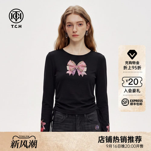 蝴蝶结烫钻黑色修身收腰长袖T恤