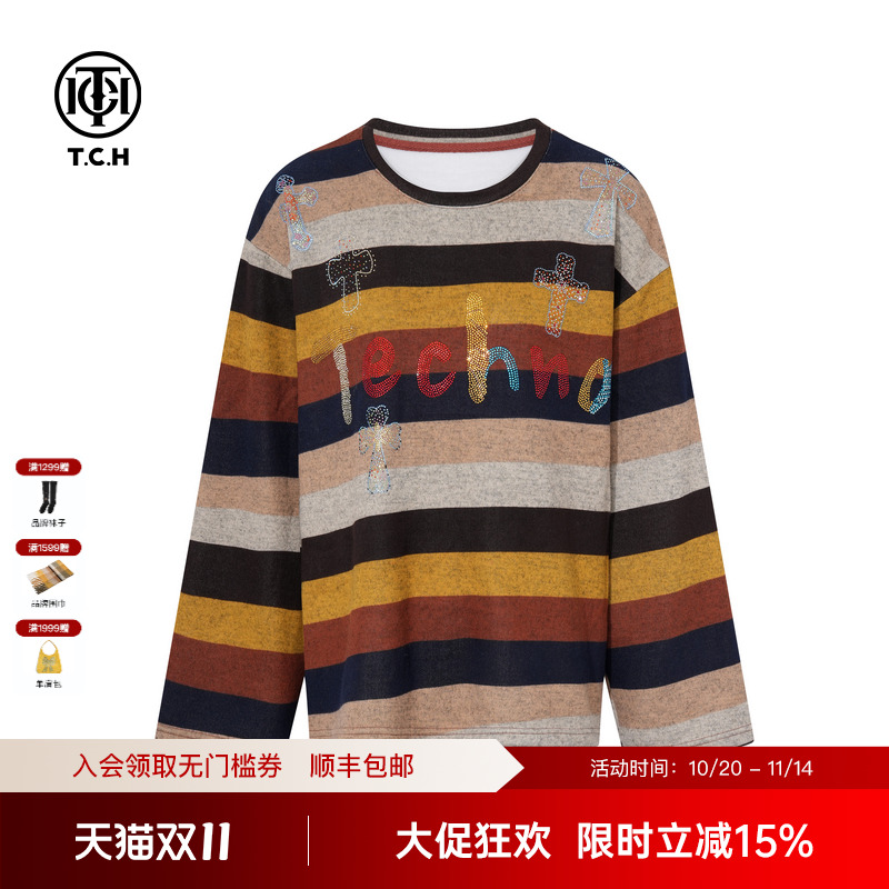 TCH2025秋冬新款时尚烫钻彩色条纹宽松休闲套头卫衣女T75D11E1010
