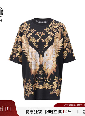 TCH轻奢重工翅膀烫钻潮牌宽松圆领短袖T恤男女同款T75C10E9012