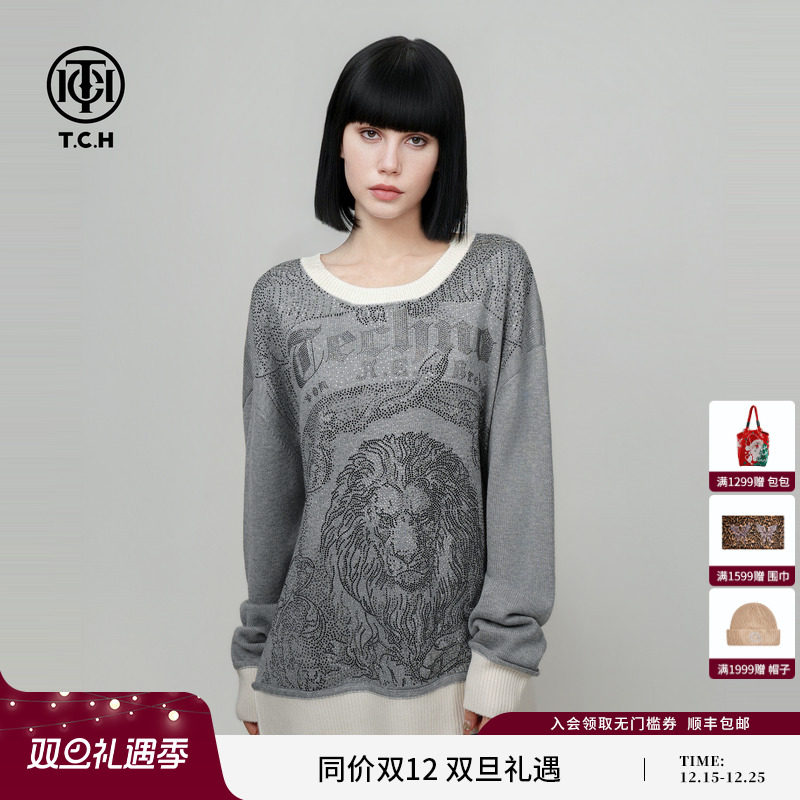 TCH轻奢潮牌烫钻宽松圆领绵羊毛针织衫女2025冬季新款T75C09E9002