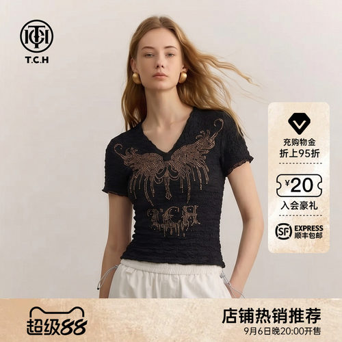 TCH烫钻翅膀V领修身短袖T恤