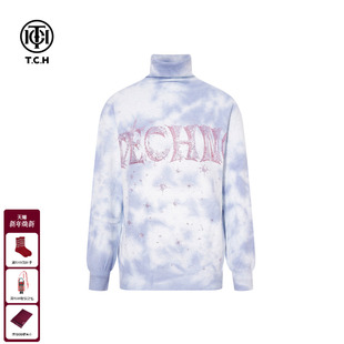 新款 上衣女2025冬季 T75D09E5076 烫钻浅蓝扎染高领针织衫 TCH时尚