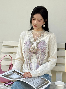 TCH天使之翼烫钻米白色蕾丝拼接高领纯欲打底针织衫女T78A09E1061