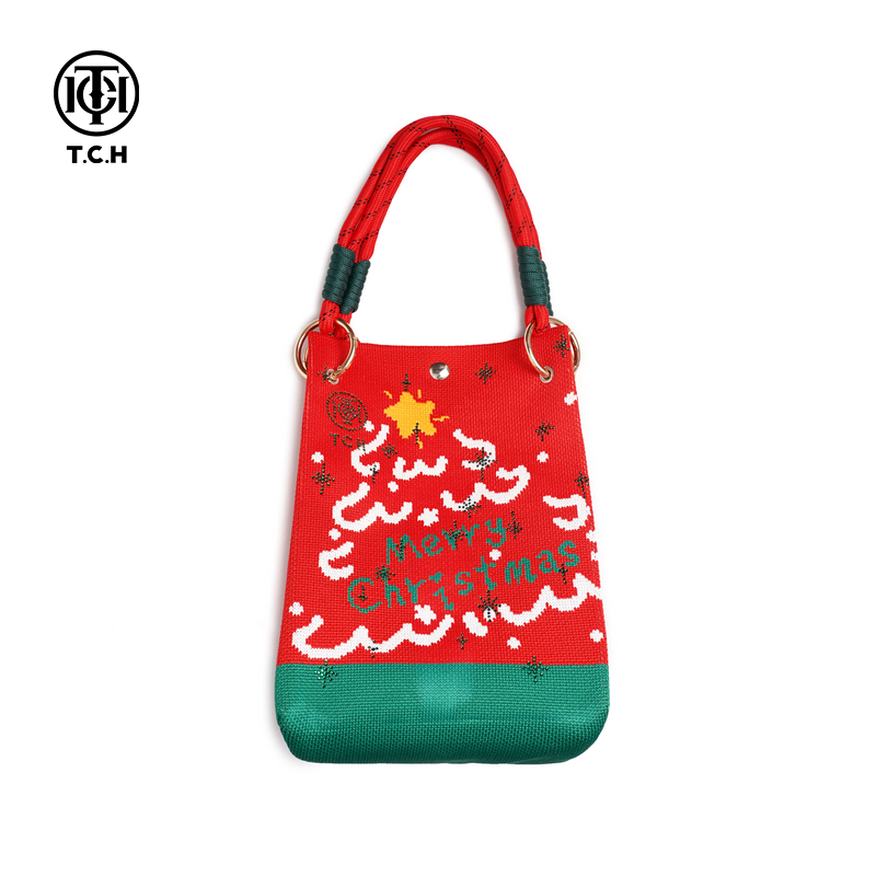 TCH2025年圣诞新款针织手提包时尚百搭卡通水桶包女T75D40E1009