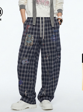 TCH复古潮酷风烫钻格纹弯刀裤女百搭休闲宽松工装裤T78A20E1217