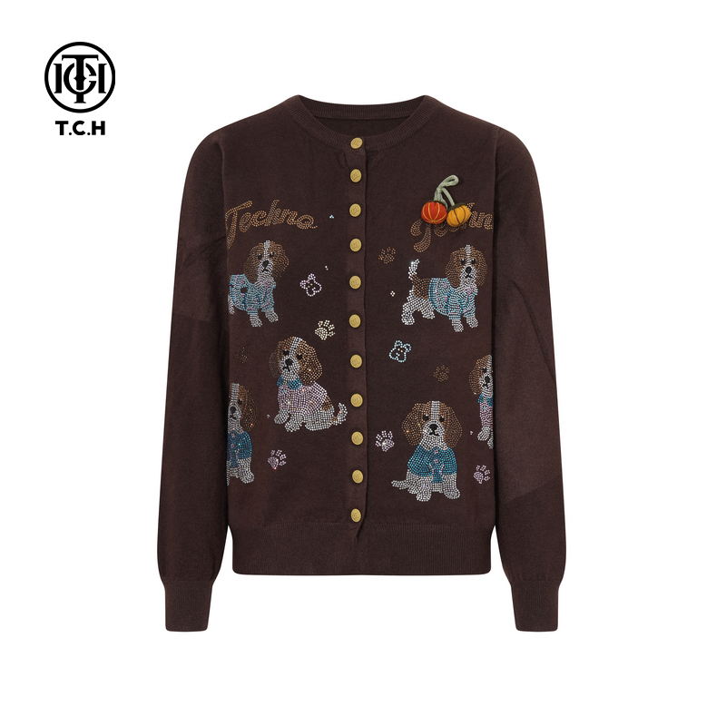 TCH2025秋冬新款时尚烫钻咖色休闲百搭针织开衫上衣女T75D43E1048