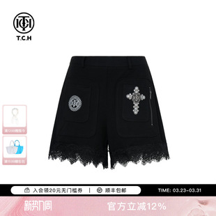 T75C21E9001 女2025秋夏新款 TCH烫钻潮牌辣妹时尚 蕾丝边宽松短裤