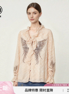 TCH26春夏新款烫钻天使之翼蕾丝荷叶边V领衬衫上衣女T78A13E1010