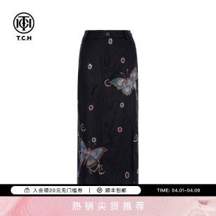 TCH烫钻藏青色复古亚麻百搭气质显瘦直筒半身裙女T75B22E5057