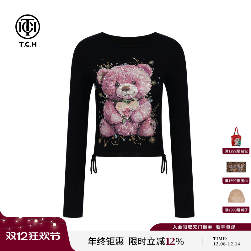 TCH轻奢时尚小熊烫钻收腰修身长袖T恤女2025秋冬新款T75C08E9028