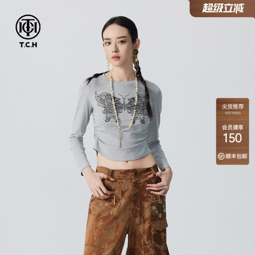 TCH秋新款烫钻蝴蝶长袖T恤女时尚收腰显瘦打底衫T72C086001