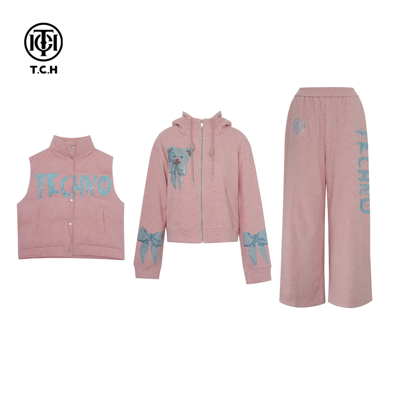 TCH私服烫钻25秋冬新款时尚粉色外套马甲休闲裤套装女T75C07E5032