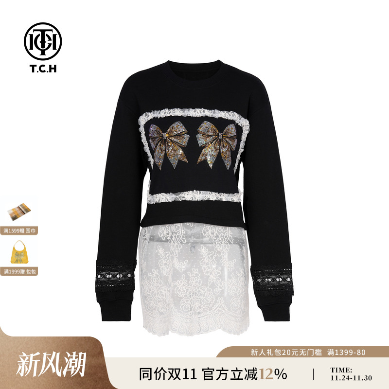 TCH私服烫钻时尚设计感蕾丝拼接圆领卫衣女25秋季新款T75C11B1007