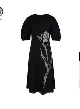 TCH轻奢花朵烫钻小黑裙泡泡袖气质收腰显瘦连衣裙女T75B30E1220