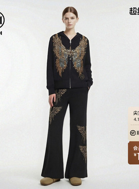 TCH时尚烫钻翅膀黑色休闲连帽拉链外套长裤潮流套装女T78A07E1081