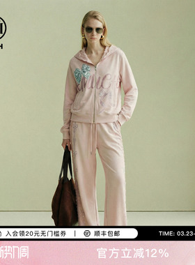 TCH时尚潮牌蝴蝶结字母烫钻连帽外套休闲裤粉色套装女T78A07E1145