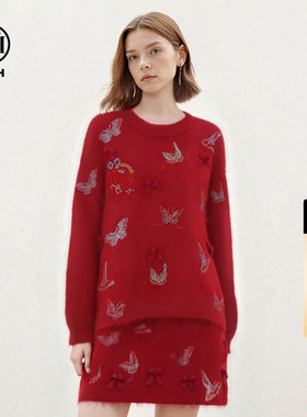 TCH新年红色烫钻减龄立体蝴蝶结宽松针织衫女短裙套装T78A07E1018