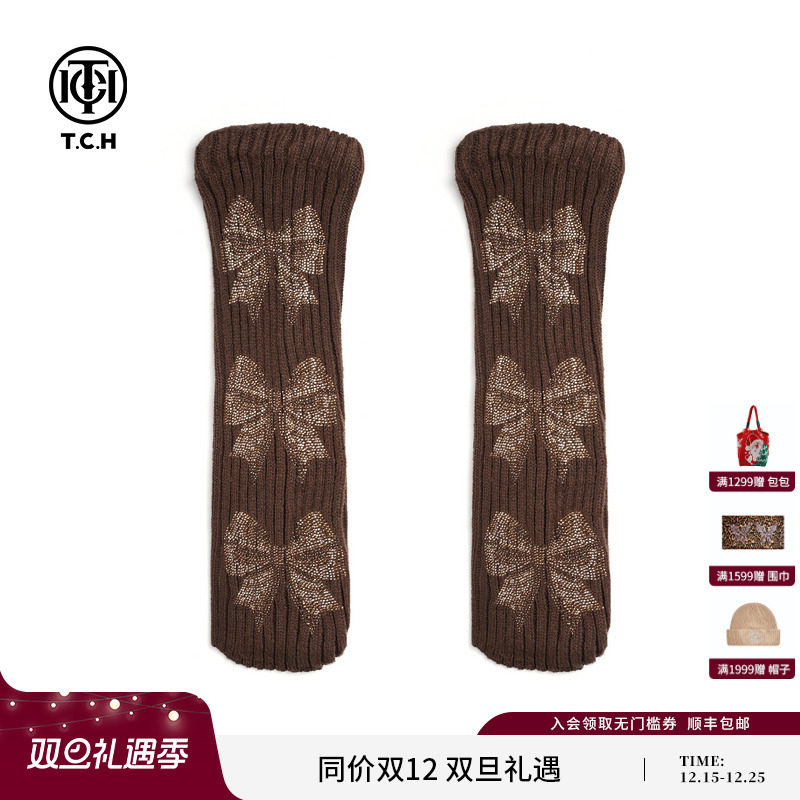 TCH时尚烫钻蝴蝶结堆堆袜咖色小腿袜袜套2025秋冬新款T75D47E5000