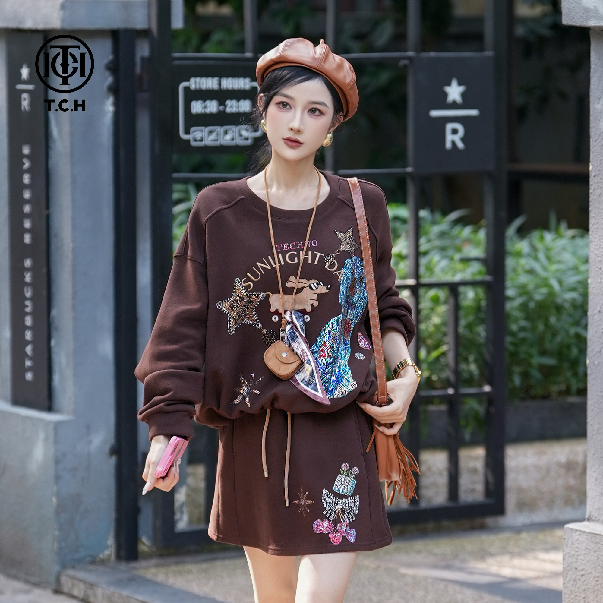 TCH美拉德风知性贵感减龄休闲卫衣收腰显瘦短裙套装女T75C07E1046