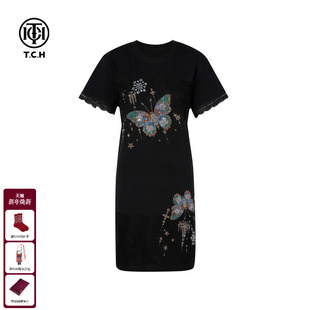 T75C30B1011 新款 TCH私服炫彩蝴蝶烫钻时尚 休闲气质连衣裙女25秋季