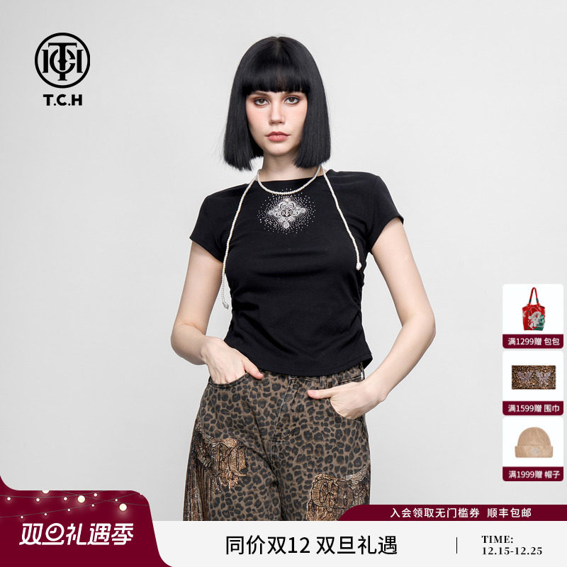 TCH甜酷时尚百搭显瘦辣妹正肩小飞袖烫钻短袖T恤女2025春夏新款