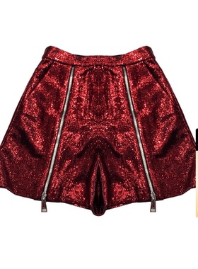 TCH烫钻个性拉链百搭时尚酒红色短裤女夏季T72B21E6005