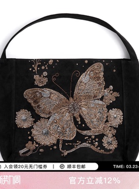 TCH-时尚潮牌蝴蝶花卉logo烫钻黑色手提包T72C40E9001