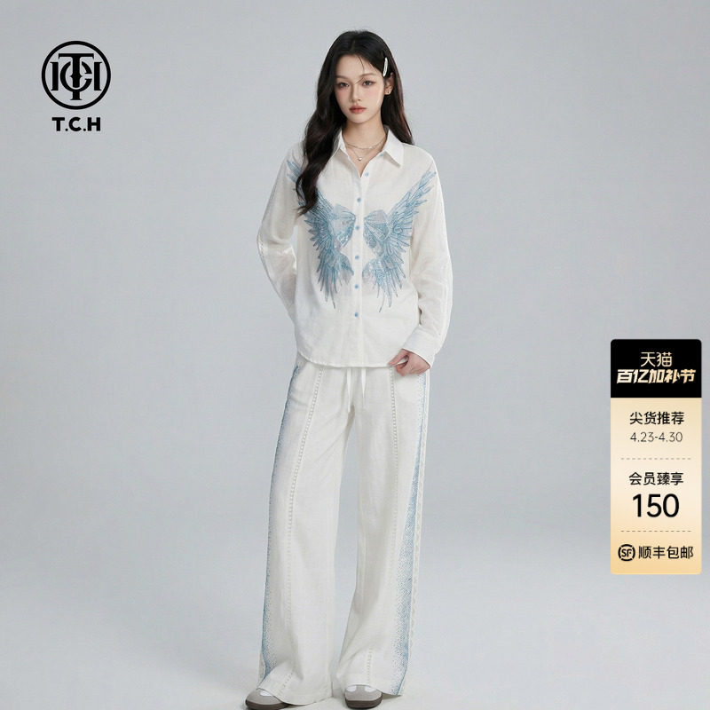TCH休闲亚麻烫钻翅膀套装女白色翻领衬衫阔腿裤两件套T78B07E1019