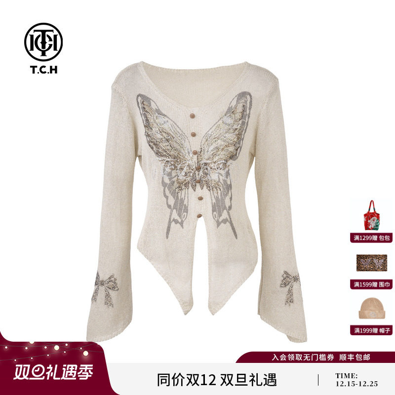 TCH私服烫钻蝴蝶V领时髦不规则针织衫女2025夏季新款T75A09E5058