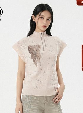 TCH温柔减龄烫钻短袖针织衫女米色半拉链翻领显瘦上衣T78B09E1031