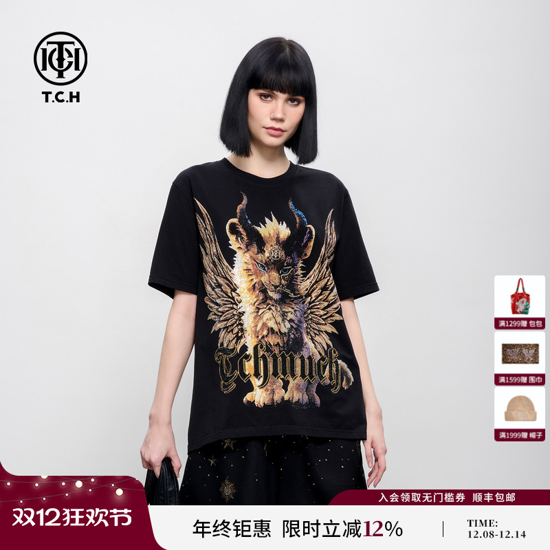 TCH烫钻灵兽大翅膀美式潮流时尚短袖T恤男女同款2025年夏季新款