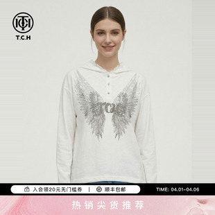 TCH春款 上衣女T78A09E1143 蕾丝拼接宽松连帽烫银钻羽翼白色针织衫