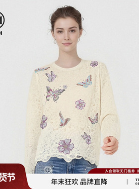 TCH纯棉镂空蕾丝烫钻蝴蝶花朵叠穿打底衫上衣女T78A02E1007tch