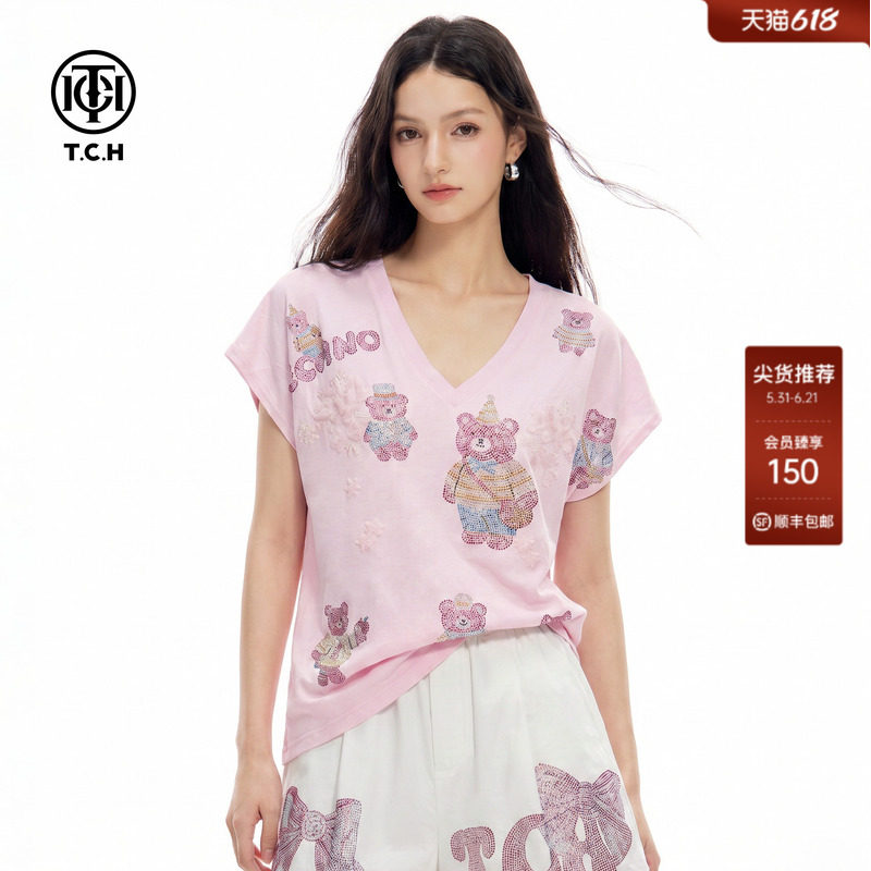 TCH2026夏季新款V领小熊烫钻百搭T恤女粉色少女风减龄短袖上衣